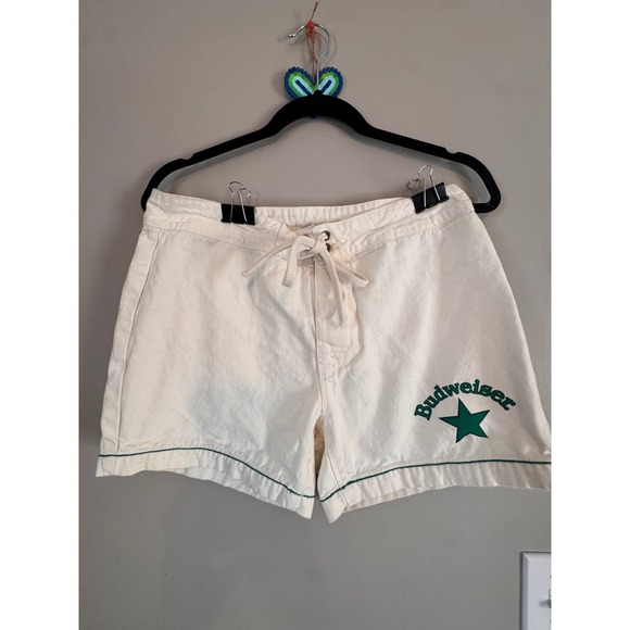 PacSun Pants - PacSun Budweiser Canvas Shorts Cream Green Logo Drawstring Size 30
